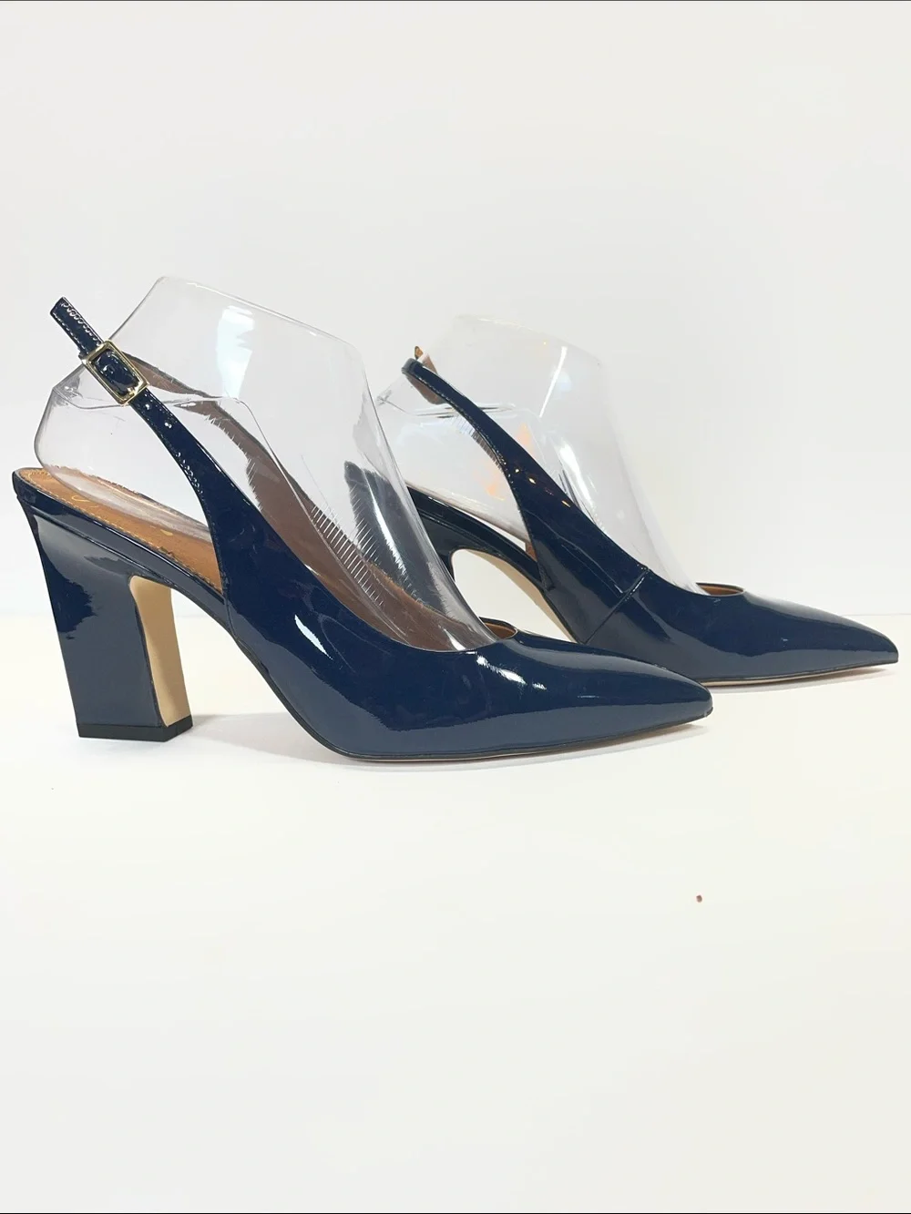 Sarto Glossy Navy dark blue Pointed Slingback Block Heels